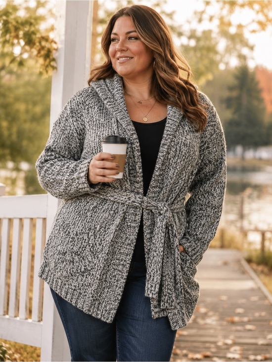 Lane Bryant Sweaters - Lane Bryant Gray Marled Hooded Belted Wool Blend Sweater Plus Size Cozy Knit